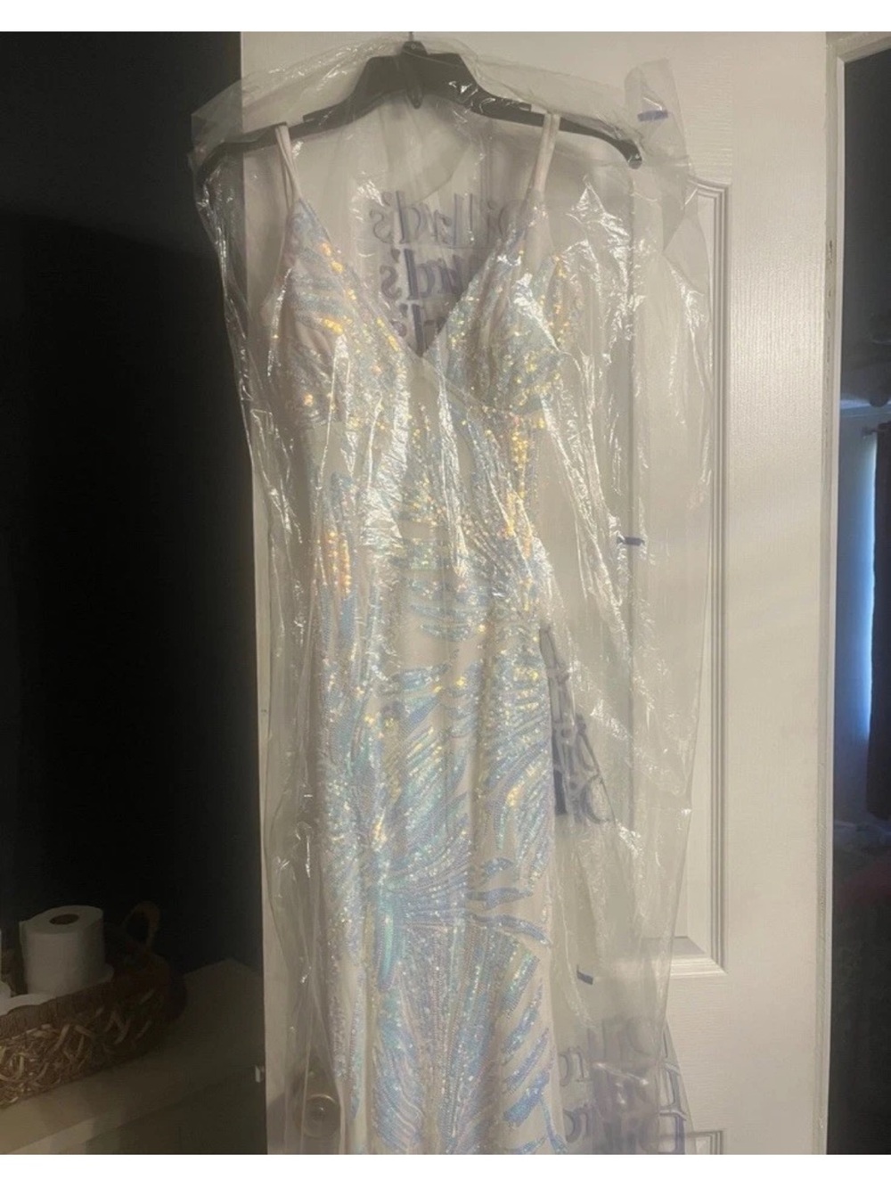 Iridescent White Prom Dress with Sequin Detail
